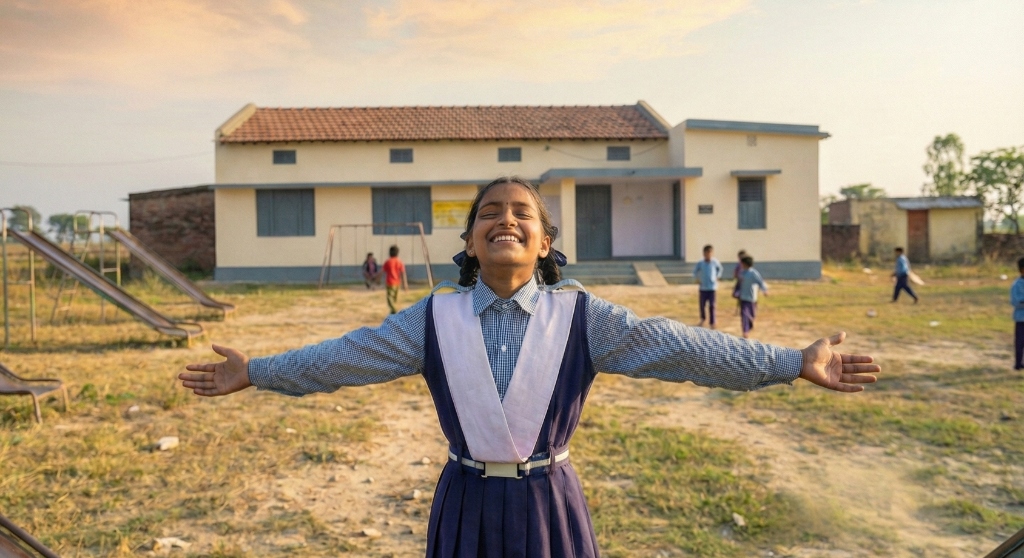 Student with arms outstretched in front of school